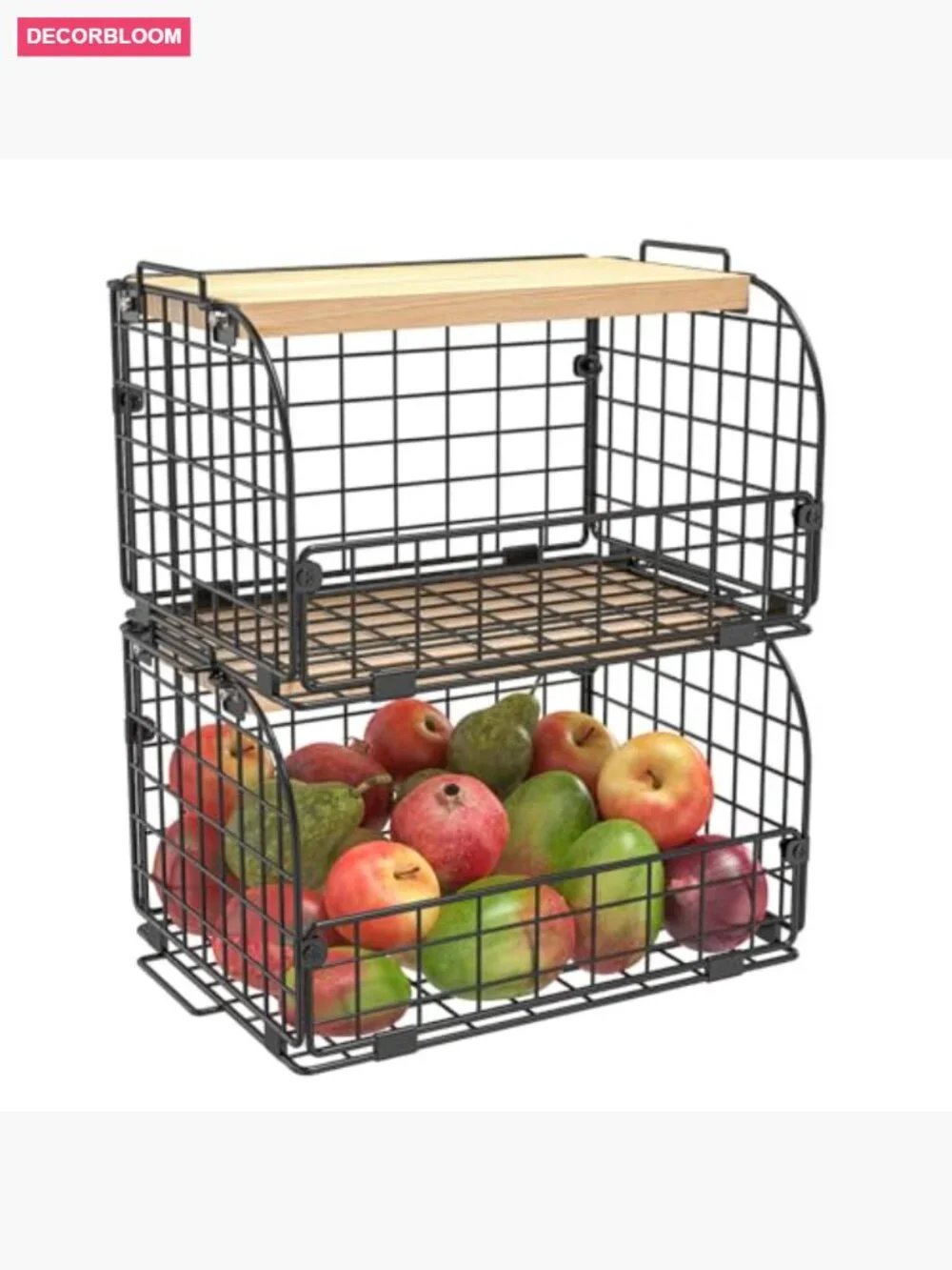 2-Stack Wire Basket with Bamboo Top - Kitchen Pantry Organizer